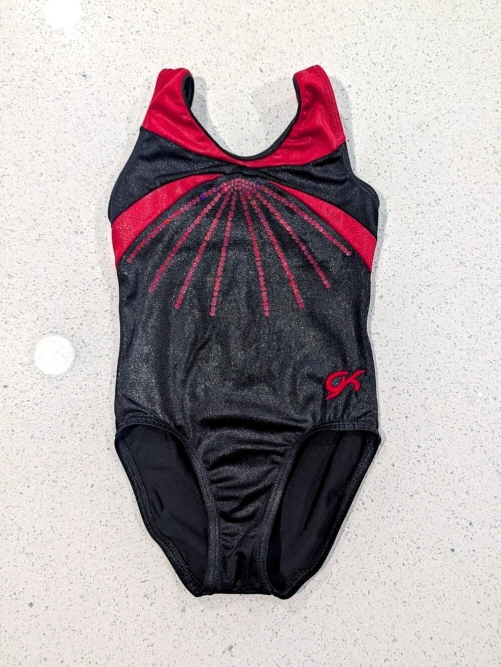 BEAUTIFUL GK Elite CL Large Gymnastics Dance Leotard Mystique Red Black SEQUINS